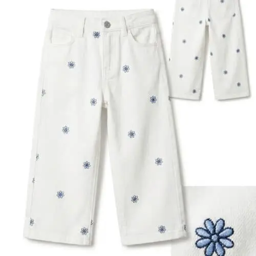 Girls Wide Leg White Embroidered Pants