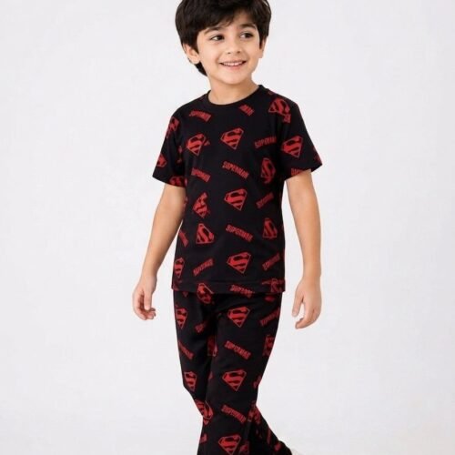Black with Red print Printed Kids Night Suits