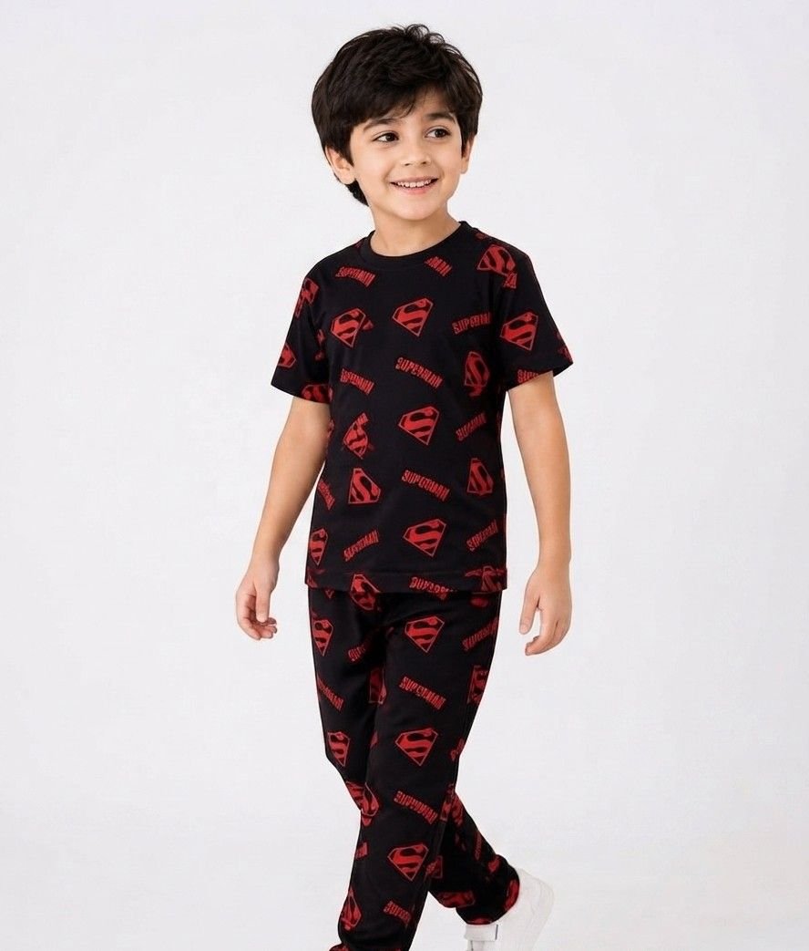 Black with Red print Printed Kids Night Suits
